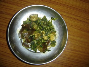 Methi Leaves and Brinjal Side Dish (Konkani: Methi ani Vaigana Bajji)